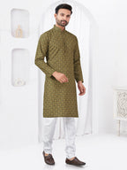 Joban Fashion Men's Rayon Cotton Olive Printed Kurta Pyjama set