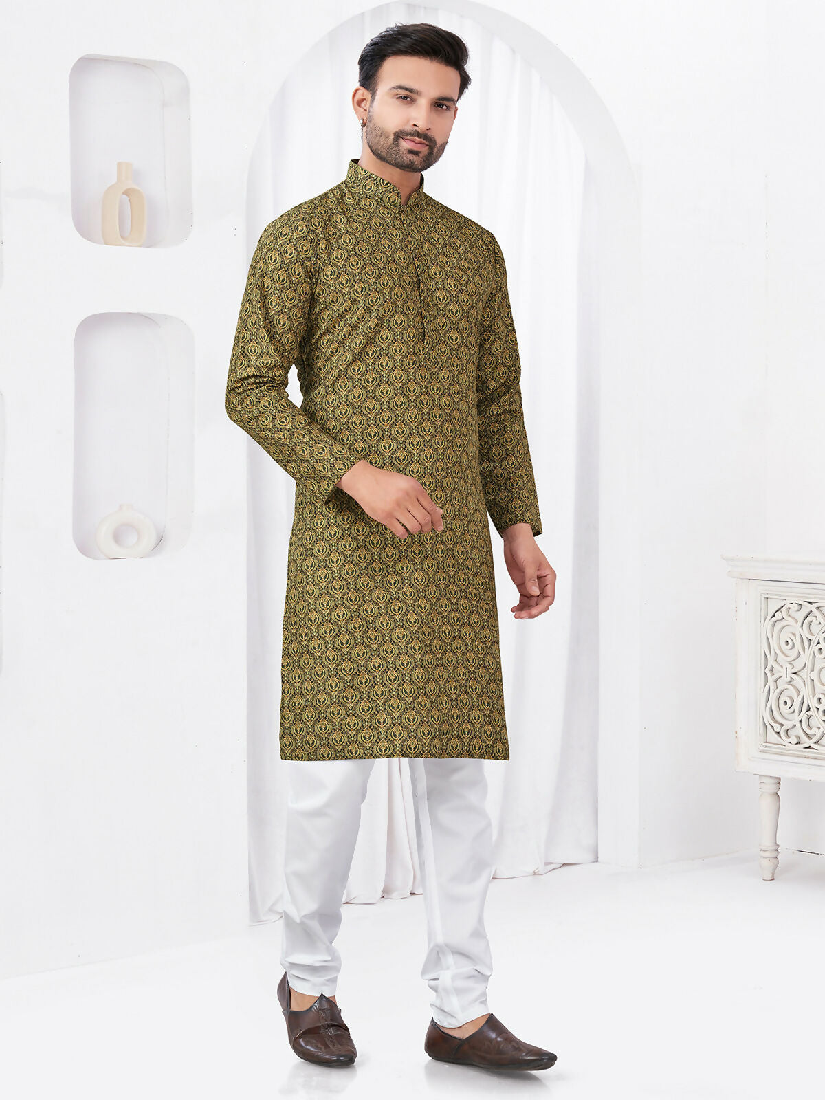 Joban Fashion Men's Rayon Cotton Olive Printed Kurta Pyjama set