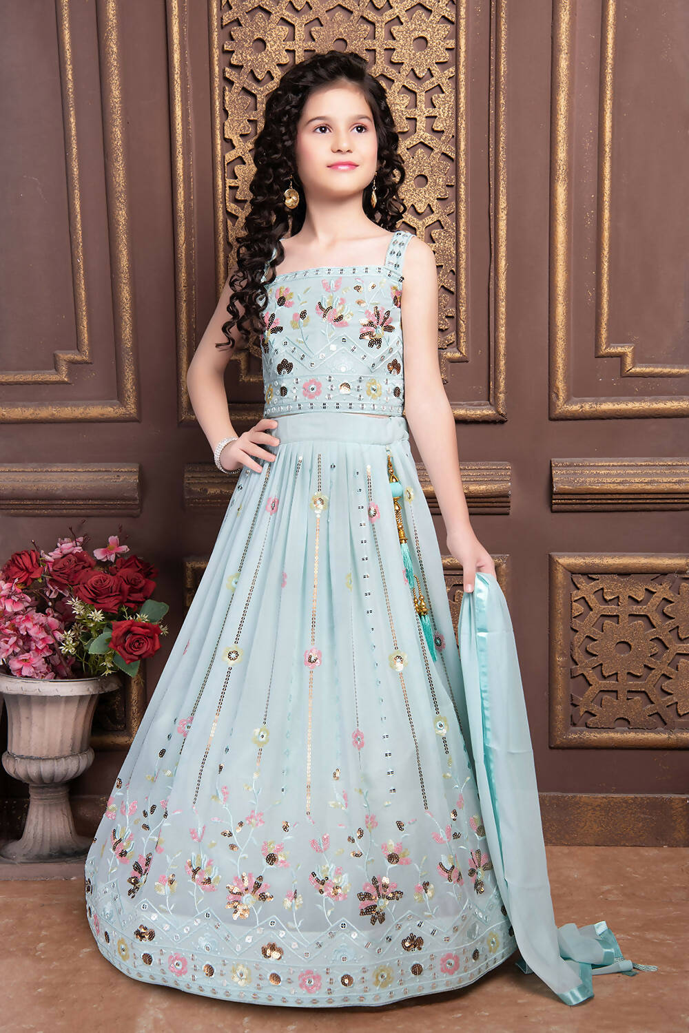Kids Functional Designer Sky Georgette Lehenga Choli - Aaradhna