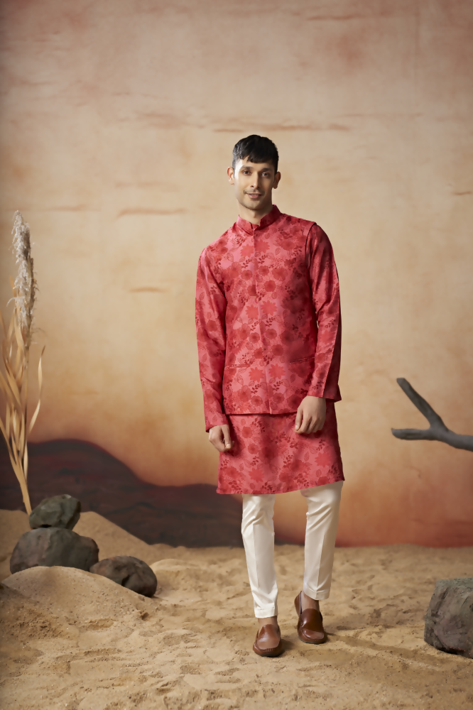 Floral Print Silk Nehru Jacket Set by Hilo Design