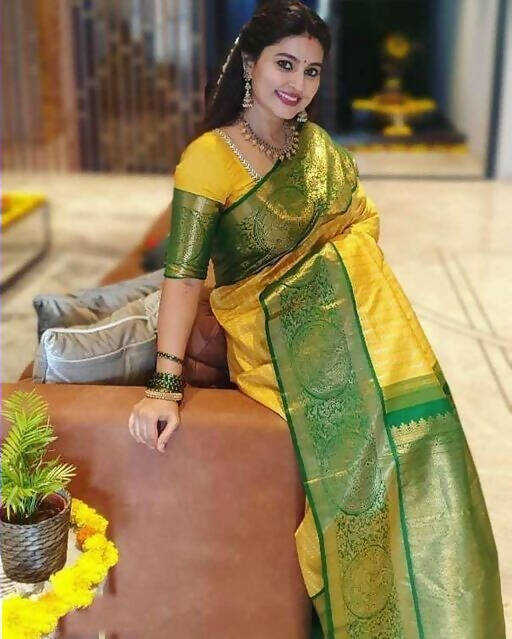 DEIANA'S Beautiful Designer Golden zari Soft Lichi Silk Saree - Yellow