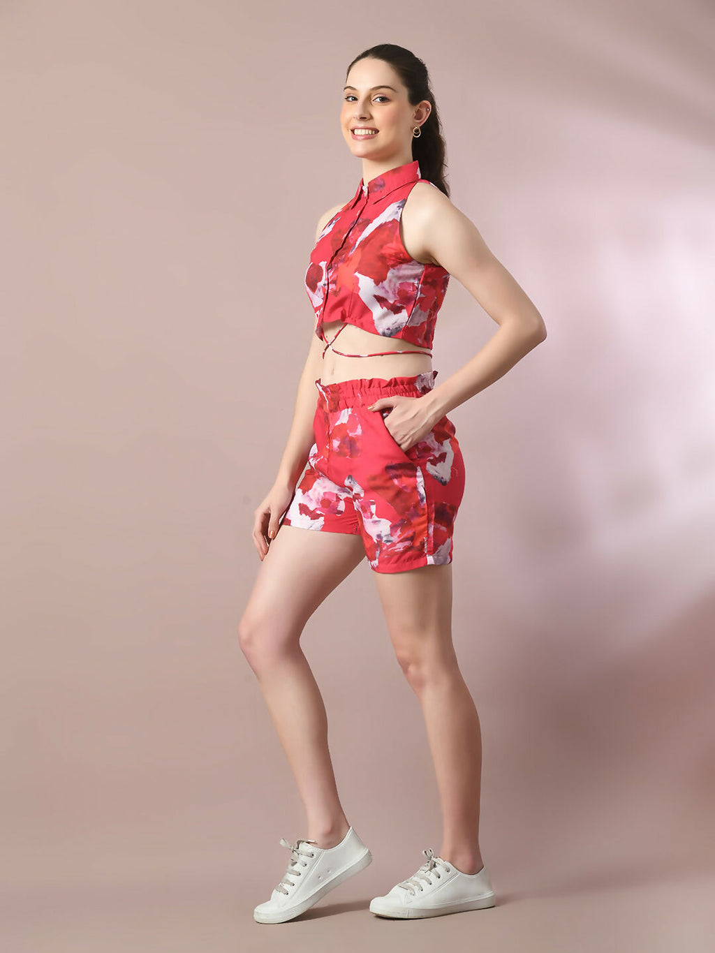 Myshka Women's Multi Printed Shirt Collar Party Top With Shorts Co-ord set