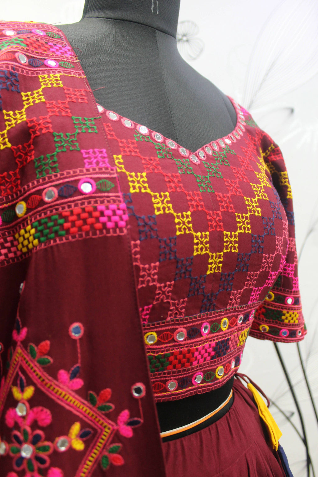 Multi Color Viscose Rayon Thread Embroidered Navratri Lehenga Choli with Dupatta - Raas