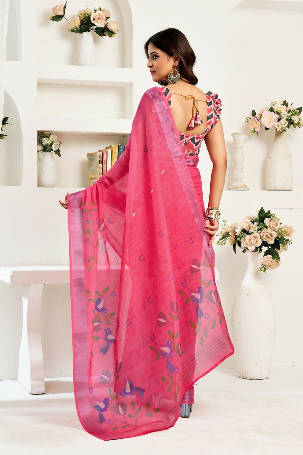Vastranavya Pink Digital Printed Linen Ready To Wear Designer Saree with Unstitched Blouse - Distacart