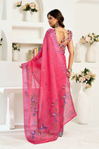 Vastranavya Pink Digital Printed Linen Ready To Wear Designer Saree with Unstitched Blouse - Distacart