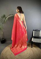 Joban Fashion Ruby Pink Floral Motifs & Ethnic Design Soft Satin Silk Kanchipuram Saree - Distacart