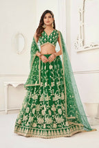 Aastha Fashion Parrot Green Butterfly Net White Cotton Thread Work And Sequence Work Embroidery Wedding Wear Lehenga Choli
