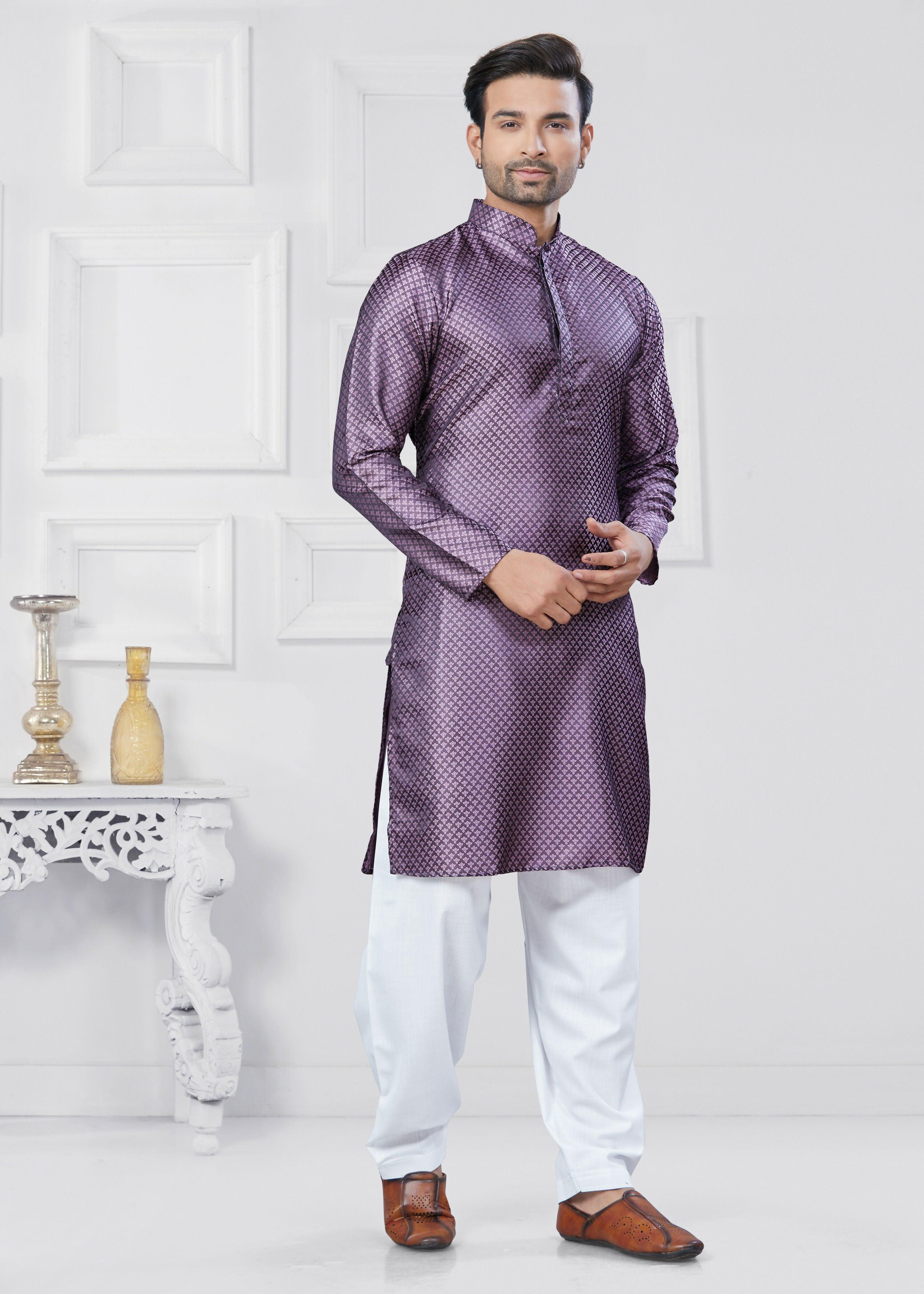 Joban Fashion Men's Jacquard Silk Purple Printed Kurta Pyjama set