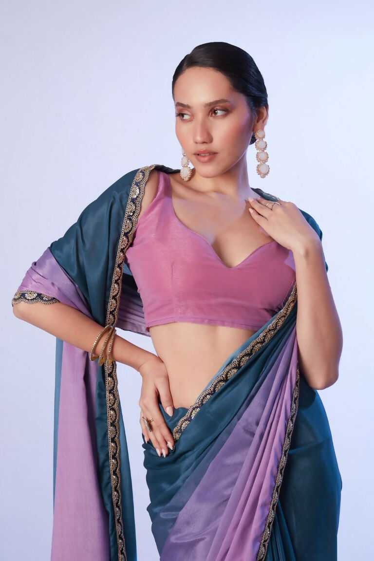 Teal Blue Chinon Solid Designer & Lace Work Saree - Samaa
