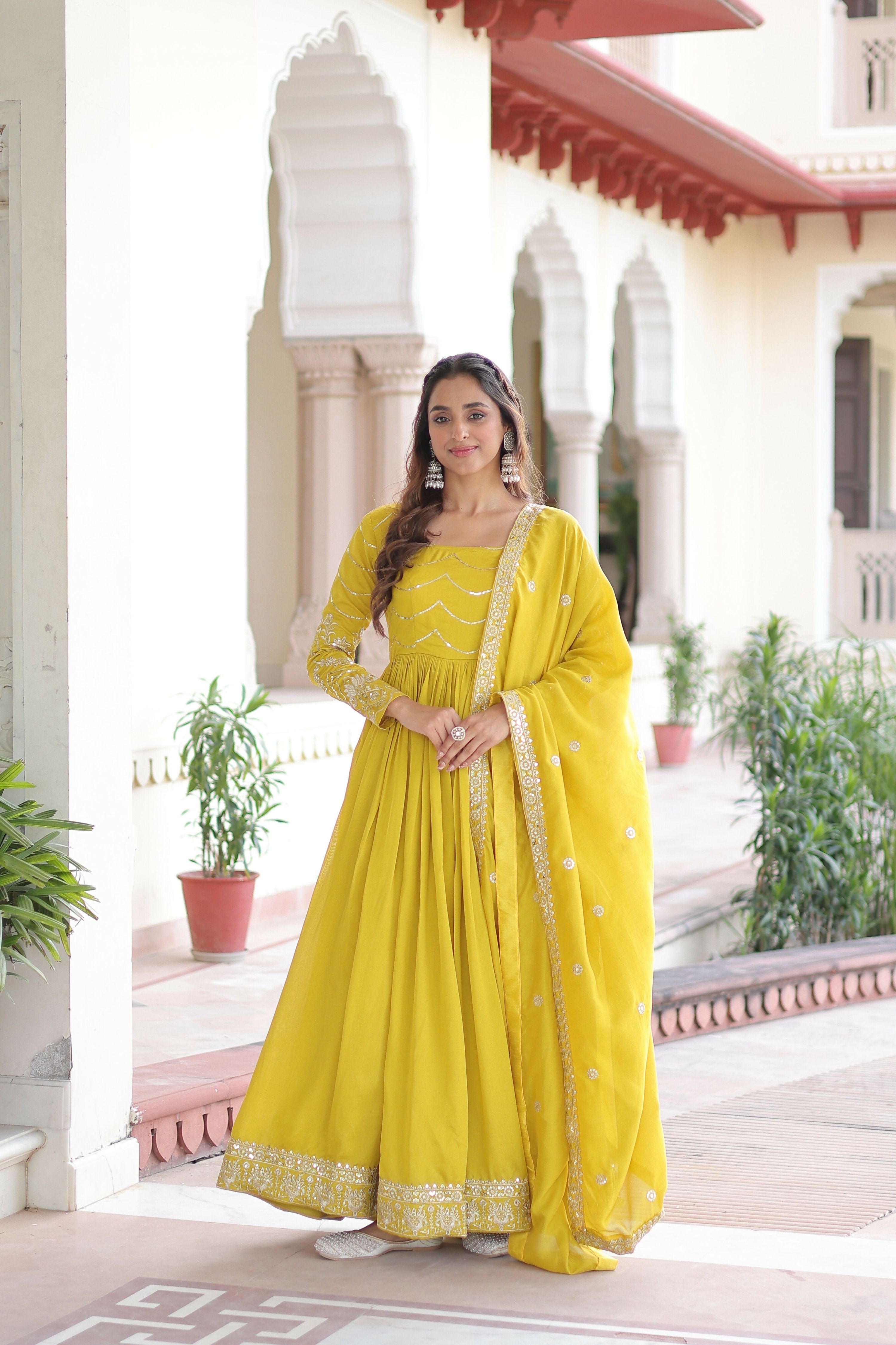 Joban Fashion Yellow Readymade Kurta Set With Sequence embroidery Work - Distacart