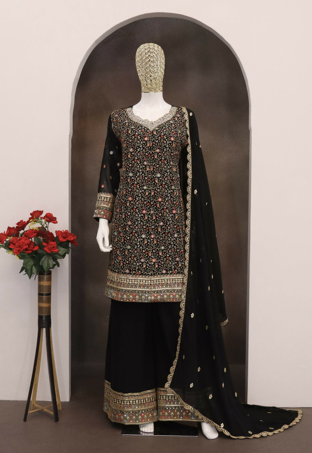 Anaita Black Embroidered Faux Georgette Unstitched Plazo Suit - Distacart