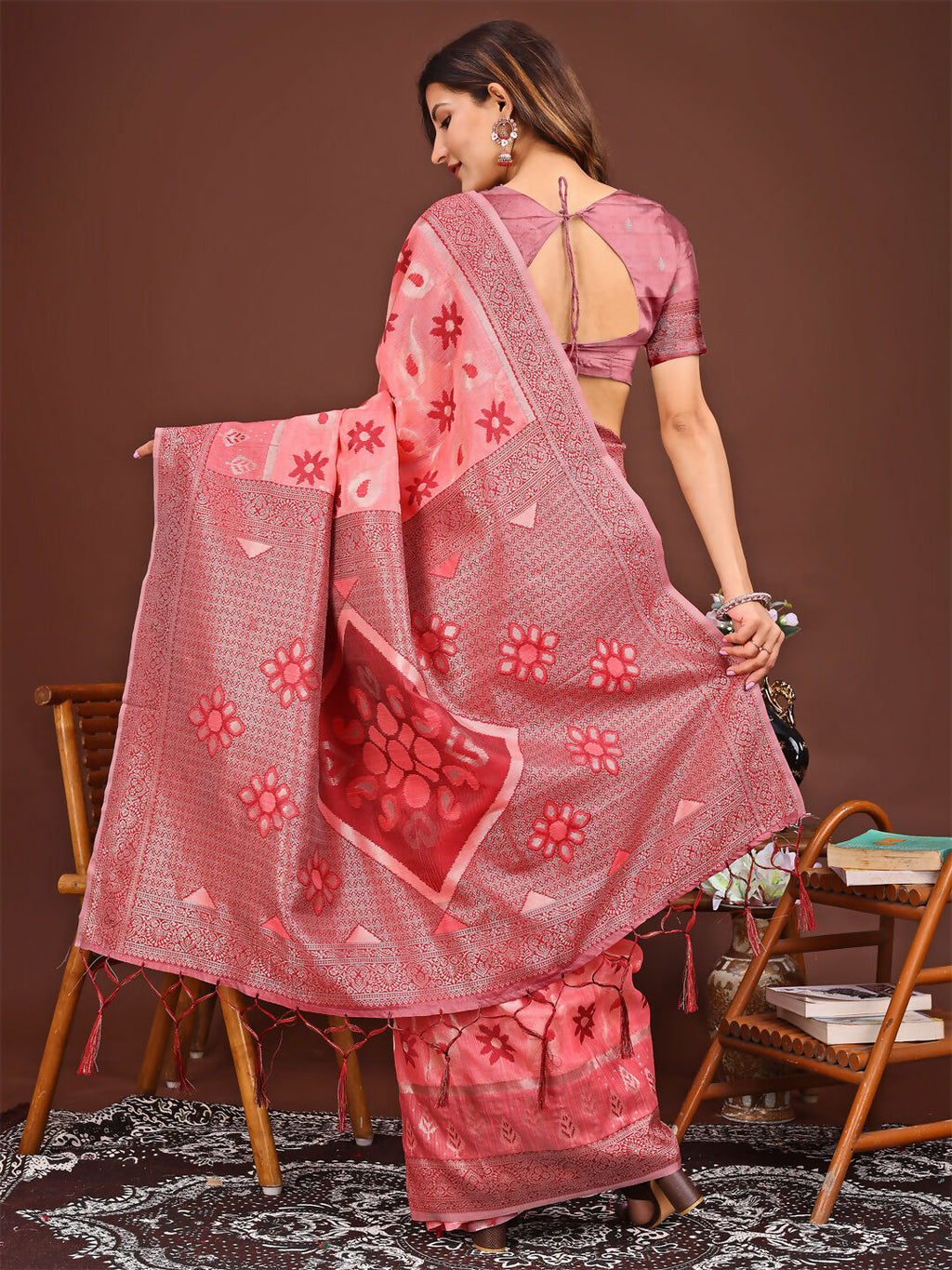 Shree Shyam Fashion Sajni Peach Linen Cotton Saree
