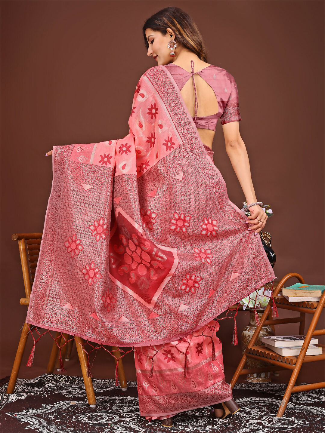 Shree Shyam Fashion Sajni Peach Linen Cotton Saree
