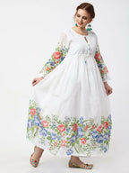 Cheera Women Stylish Hand Chikenkari And Digital Printe Cotton Organza Flared Anarkali Kurta - White