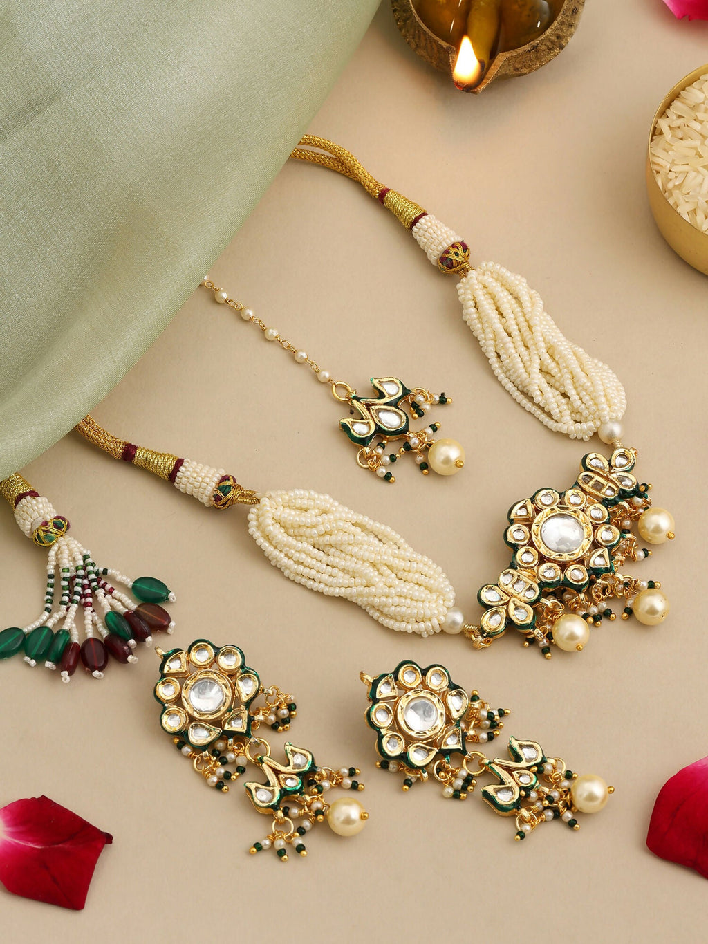Ruby Raang Floral Kundan Studded Jewellery Set