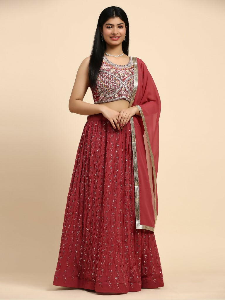 Red Georgette Embroidered Lehenga choli with Dupatta - Dhara