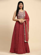 Red Georgette Embroidered Lehenga choli with Dupatta - Dhara