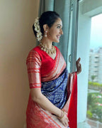 DEIANA'S Beautiful Designer Golden zari Soft Lichi Silk Saree - Blue