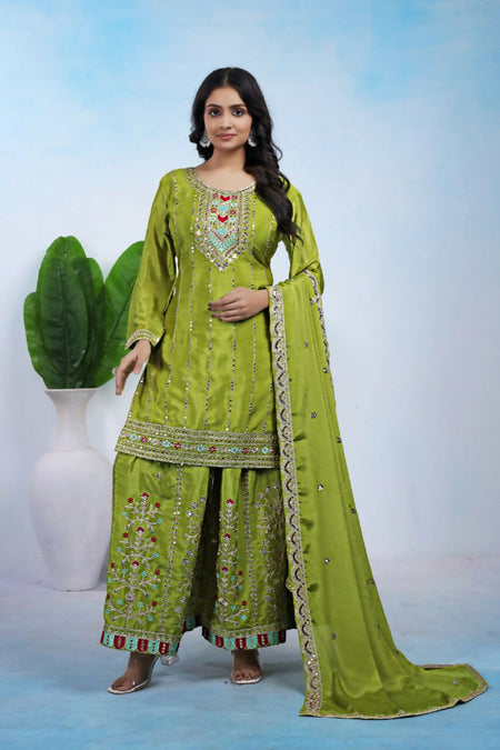 Teeya Creation Parrot Green Color Chinon Silk Wedding Wear Trending Palazzo Set