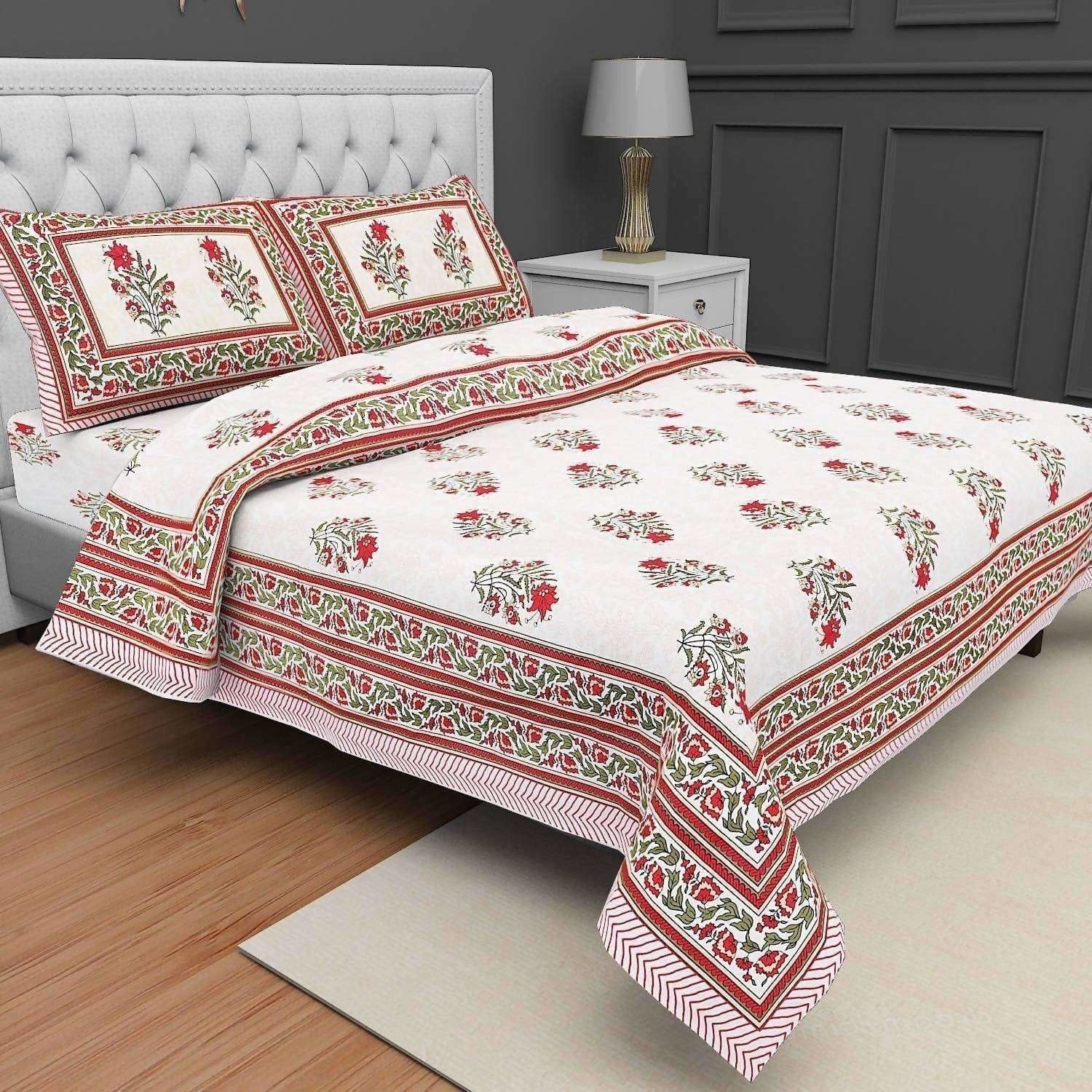 Jaipuri Hand Printed Floral 144TC Cotton DoubleQueen Bedsheet with 2 Pillow Covers