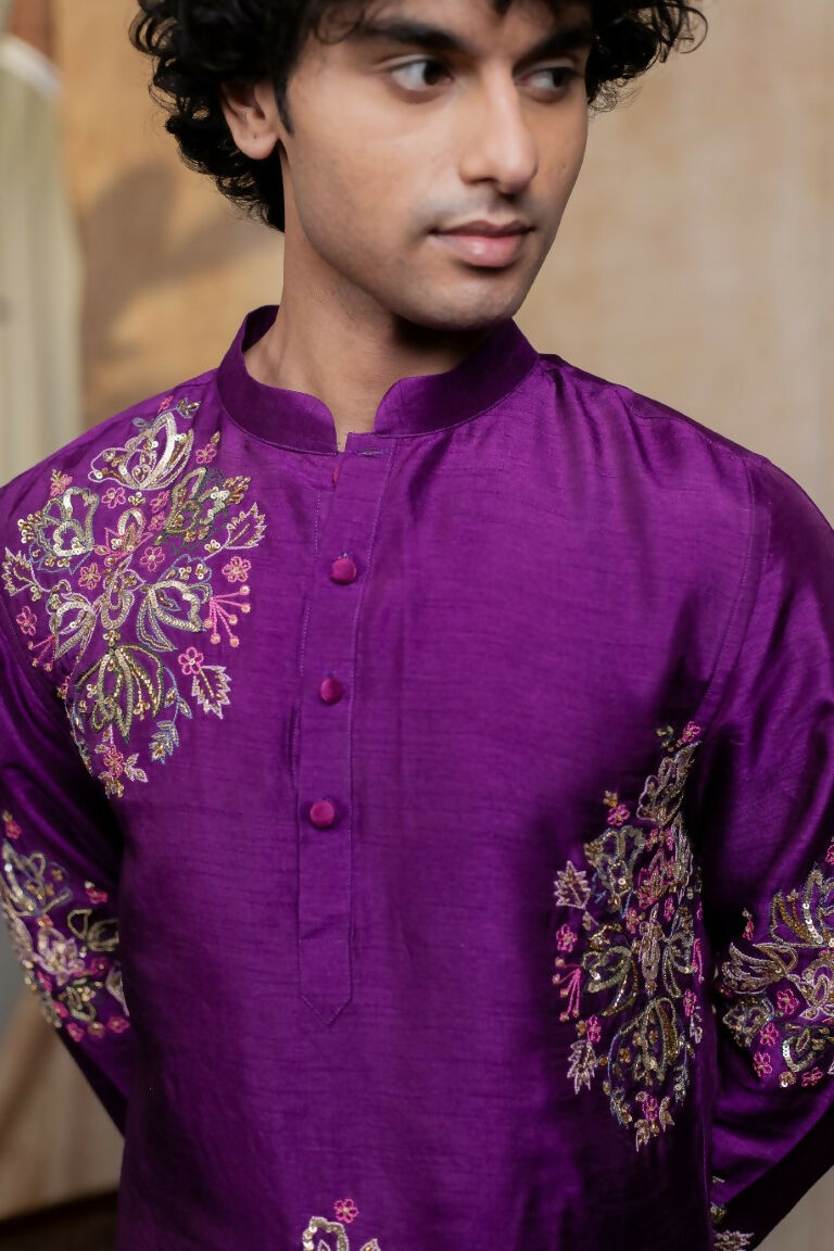 Falling Raw Silk Purple Mayura Cham Set By Hilo Design
