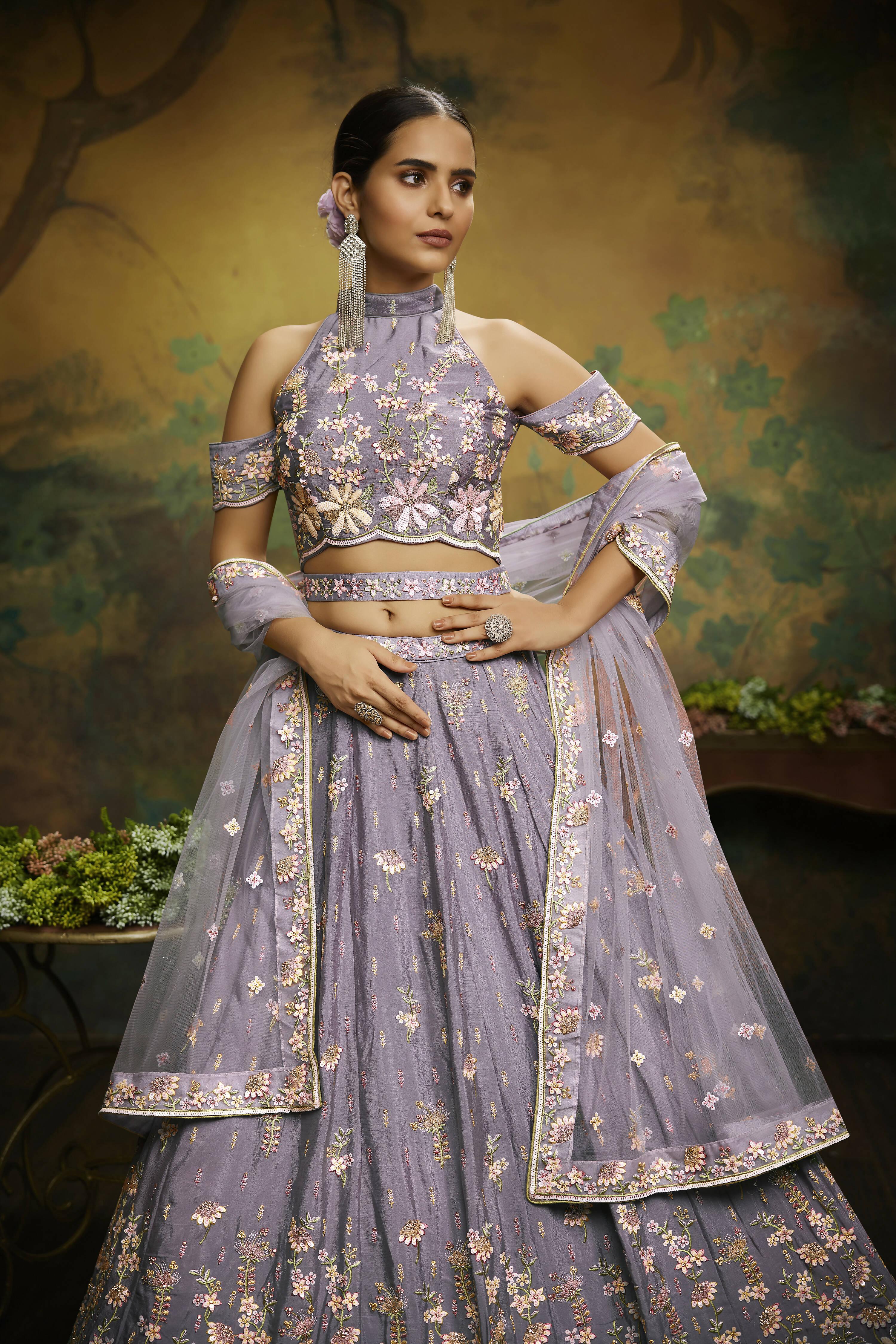 House of Panchhi Mauve Pure Georgette Sequins with heavy Zarkan embroidery Lehenga choli & Dupatta