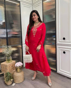 The52 Red Beautiful Embroidered Rayon Fabric Straight Kurta Pant with Dupatta Set - Distacart