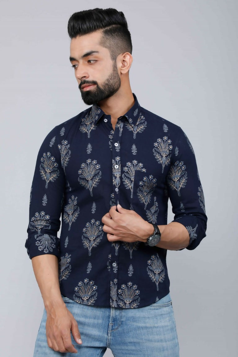 Miravan Men's Blue Spread Collar Floral Print Shirt