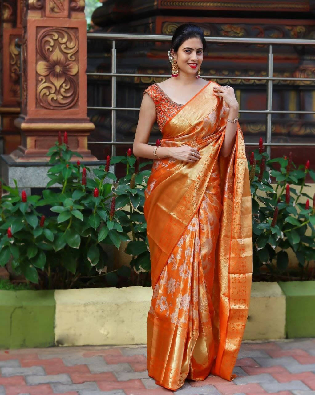 DEIANA'S Beautiful Designer Golden zari Soft Lichi Silk Saree - Orange
