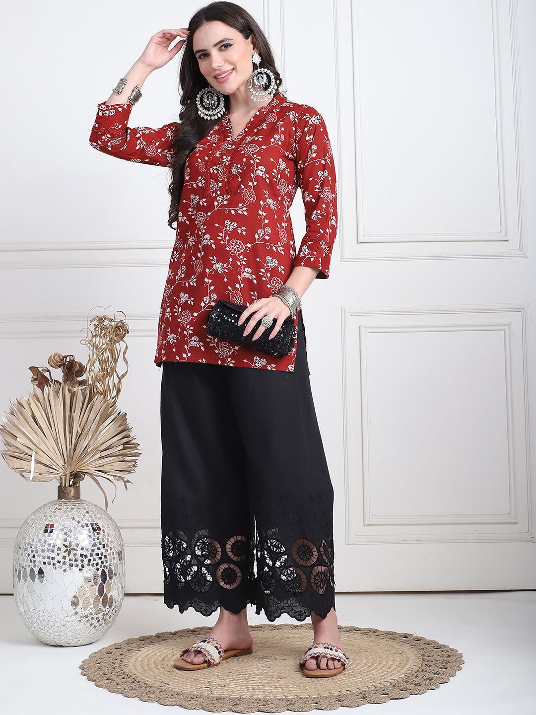 TAG 7 Women Floral Hem Design Flared Ethnic Palazzos