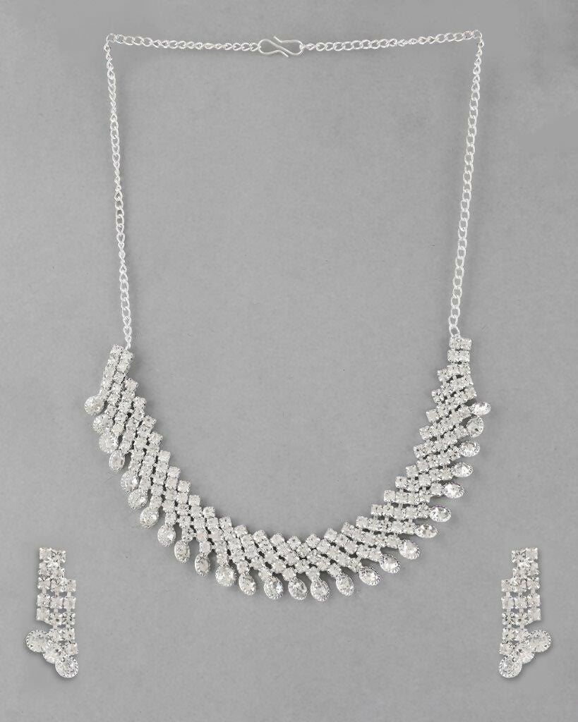 VOJ Silver Plated AD Stone Studded Necklace With Earrings Jewellery Set