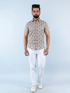 Miravan Men's Floral Printed Half Sleeve Spread Collar Ethnic Motifs Beige Slim Fit Shirt