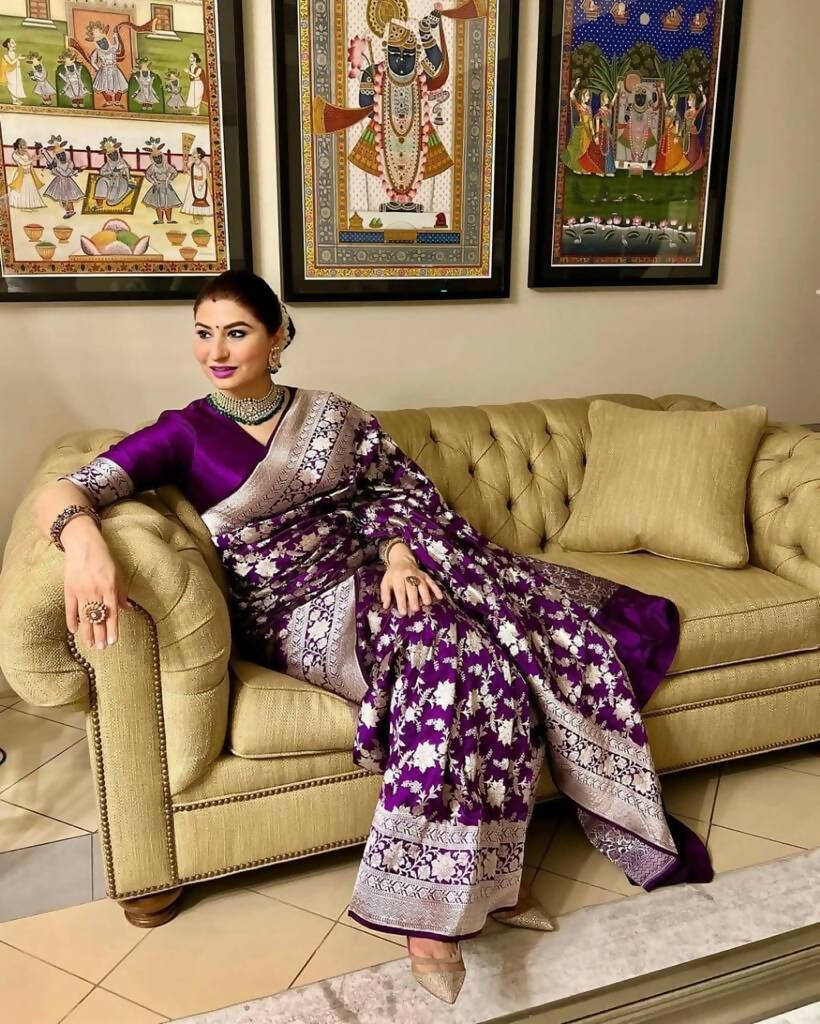 DEIANA'S Beautiful Designer Golden zari Soft Lichi Silk Saree - Wine