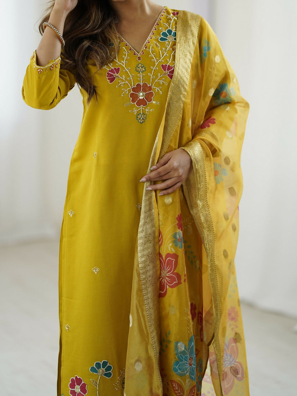 The52 Yellow Women's Gorgeous Embroidered work Viscose Gadhwal Fabric Straight Kurta, Pant and Dupatta Set - Distacart
