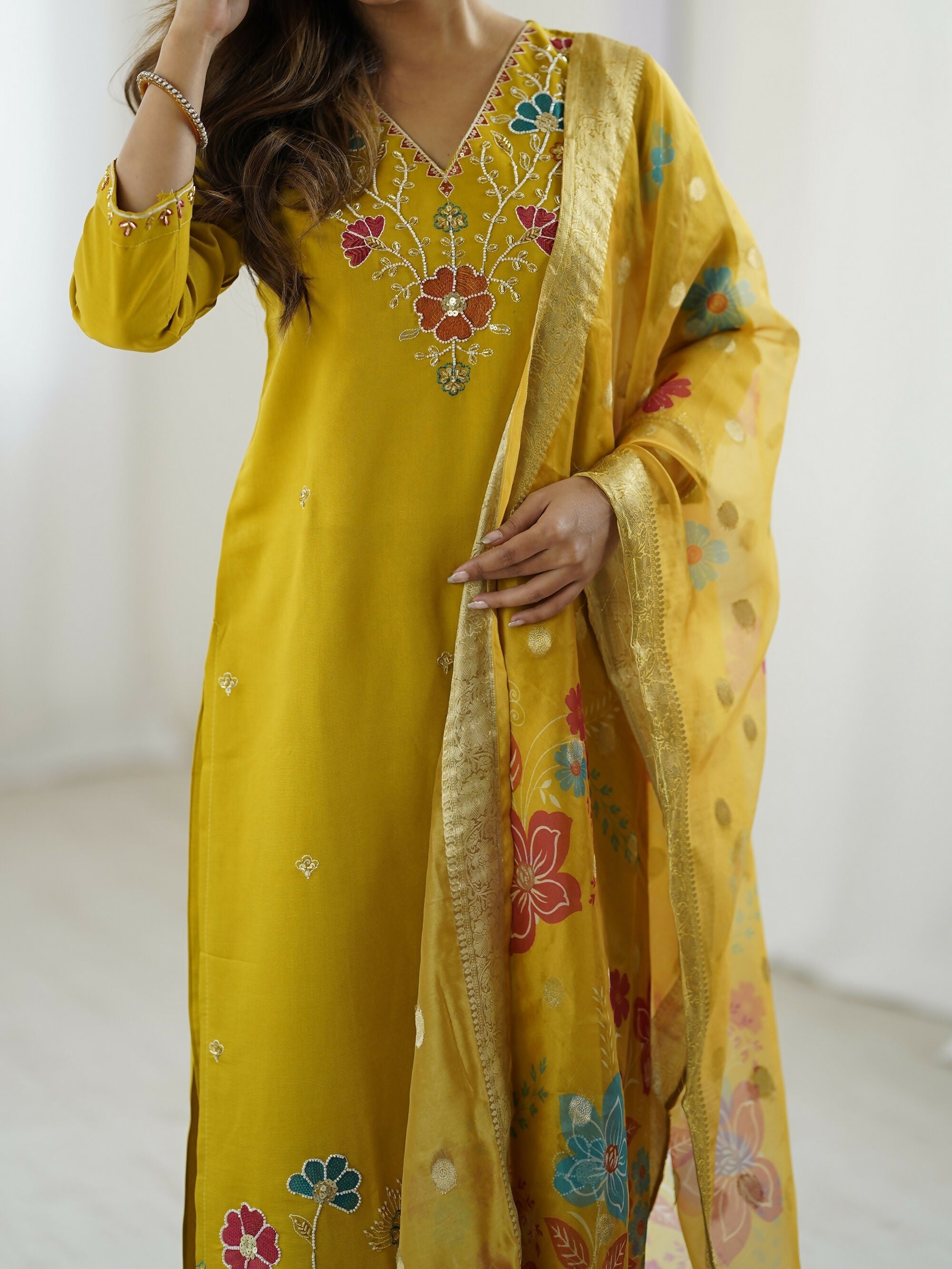 The52 Yellow Women's Gorgeous Embroidered work Viscose Gadhwal Fabric Straight Kurta, Pant and Dupatta Set - Distacart