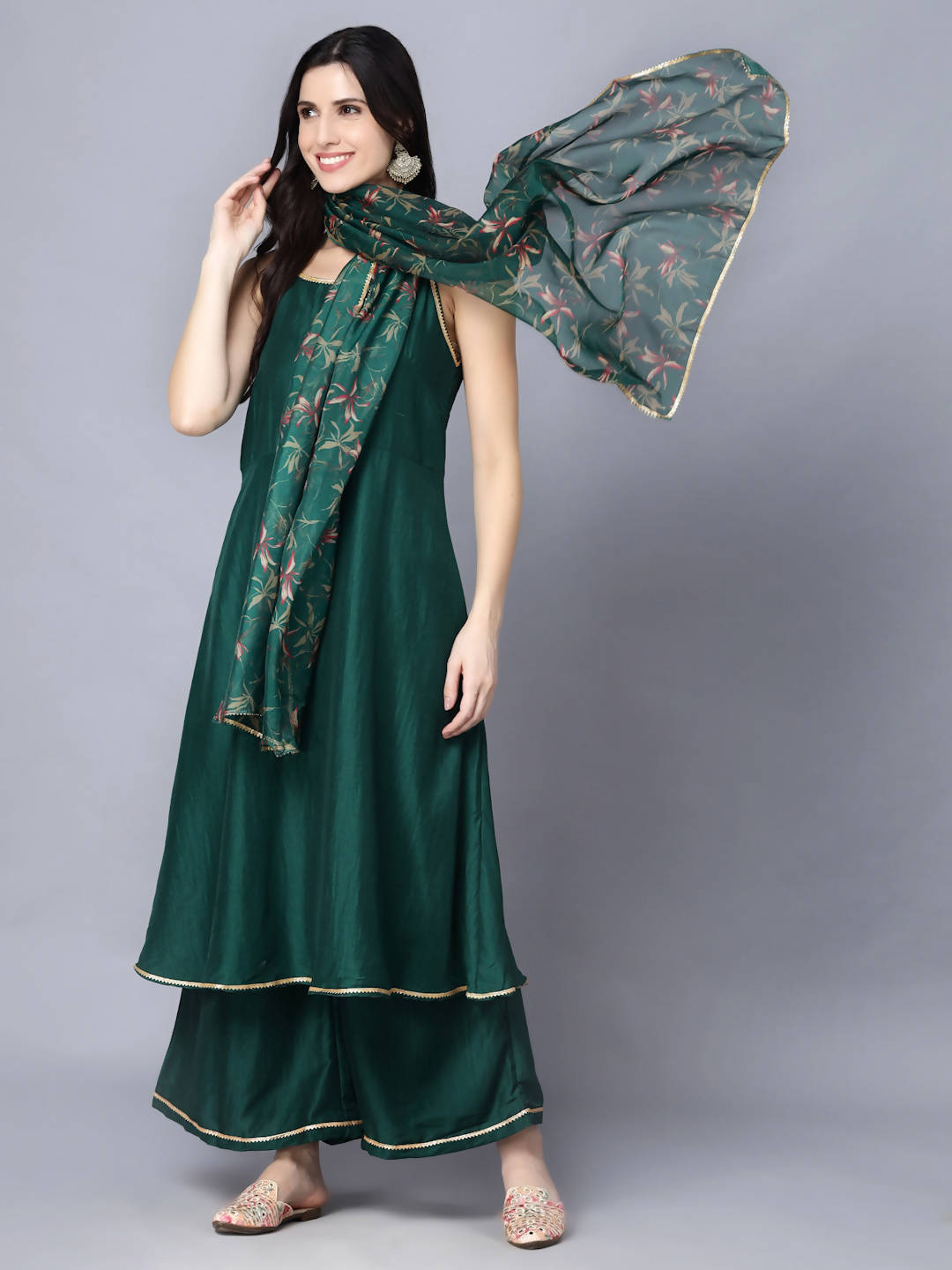 Myshka Women Green Ethnic Motifs Yoke Design Panelled Kurti with Sharara With Dupatta - Distacart