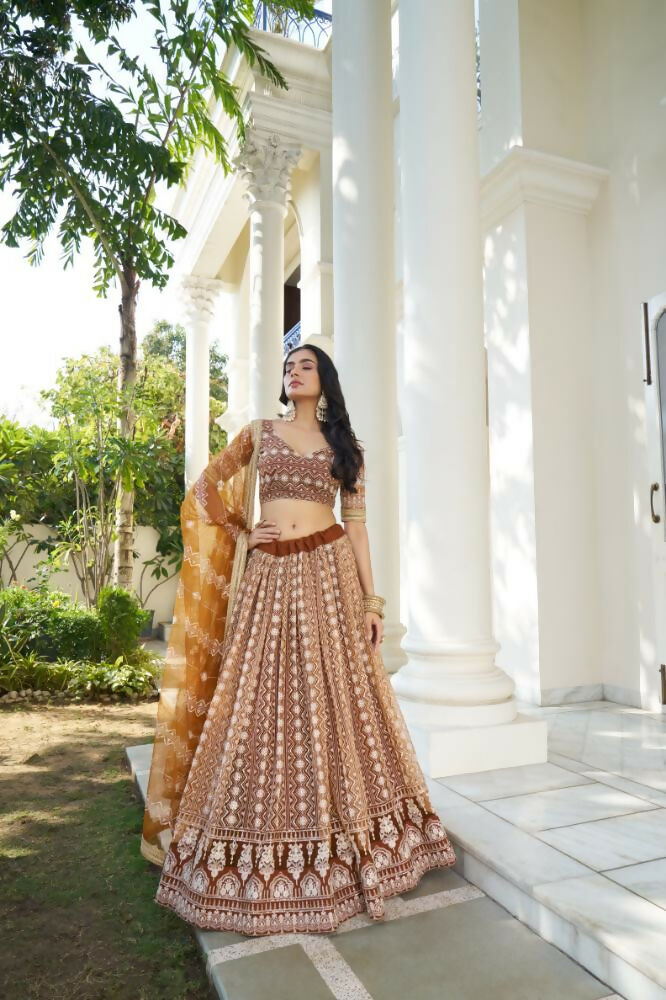 Aastha Fashion Brown Butterfly Net White Cotton Thread Work And Sequence Work Embroidery Wedding Wear Lehenga Choli
