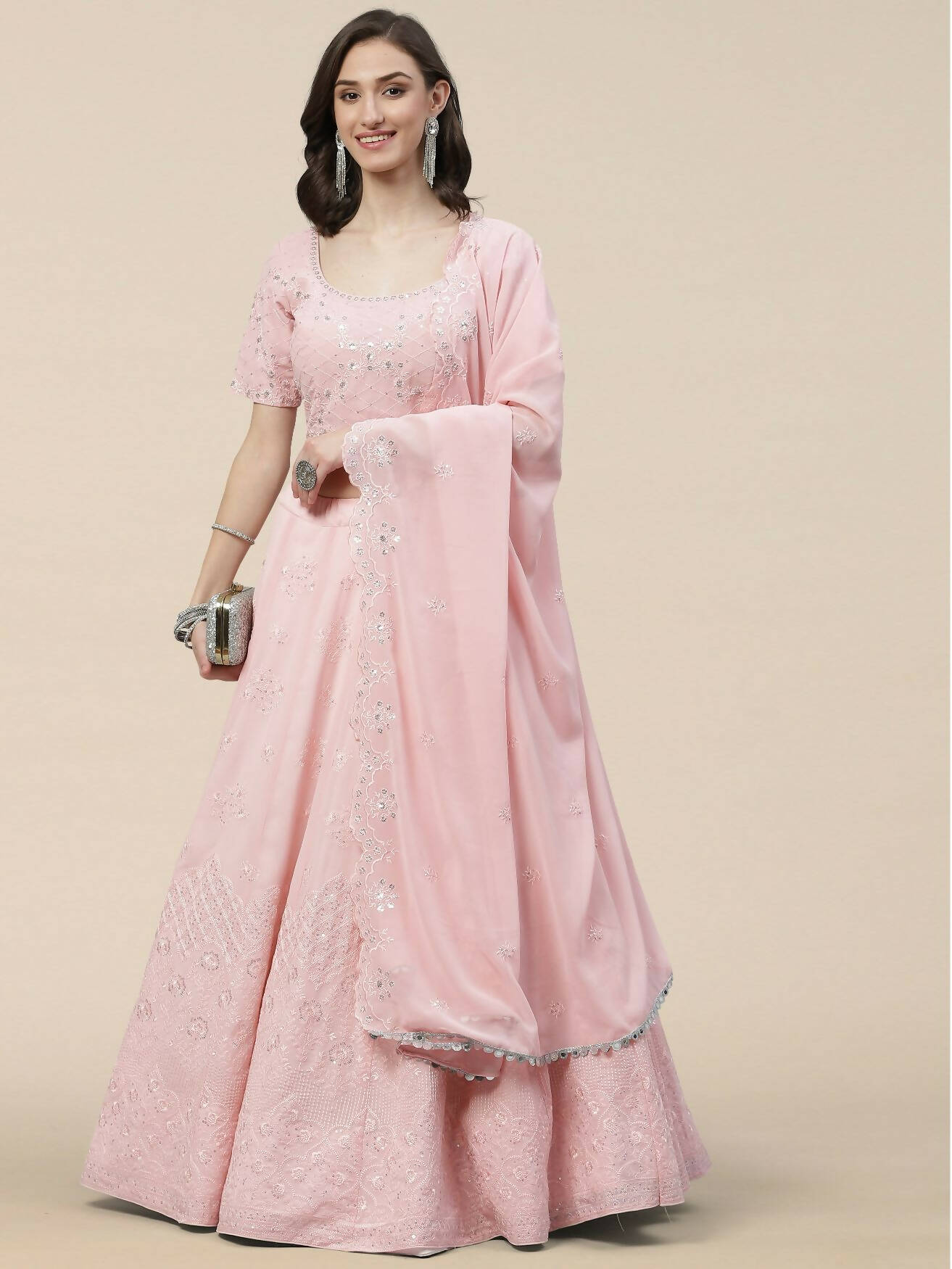 Pink Georgette Thread with Sequins Embroidered work Lehenga Choli with Dupatta - Jivika