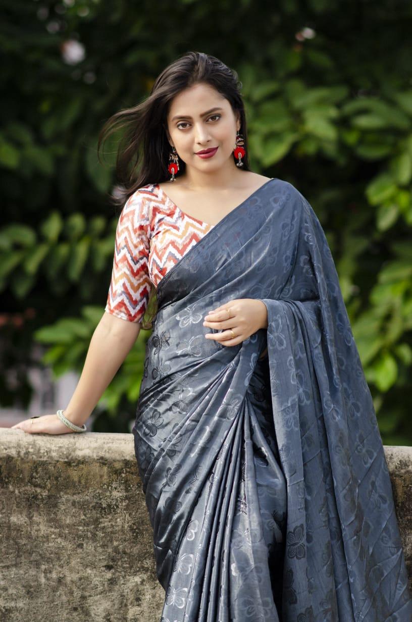 Grey Silk Blend Ethnic Motifs Saree with Unstitched Blouse - Hiral Fashion