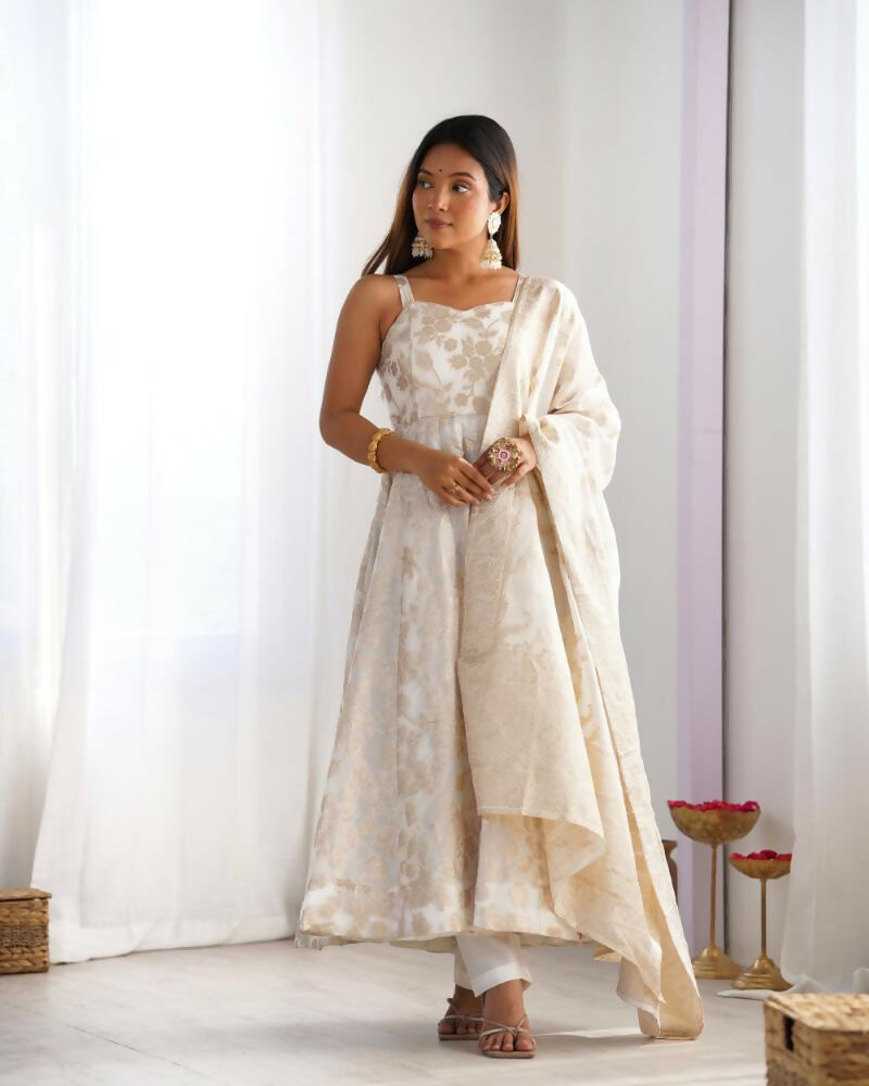 Lehenga Mart Designer Anarkali Suit With Kurta, Pant, Dupatta For Women-Off White - Distacart