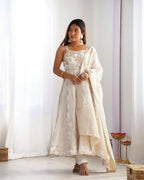 Lehenga Mart Designer Anarkali Suit With Kurta, Pant, Dupatta For Women-Off White - Distacart