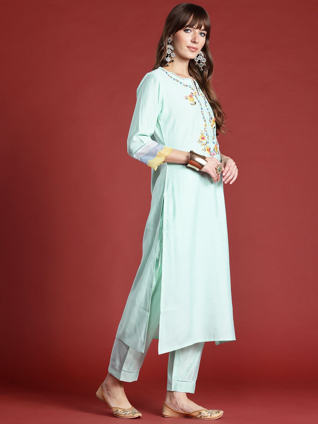 Indo Era Floral Embroidered Thread Work Kurta with Trousers & With Dupatta - Distacart