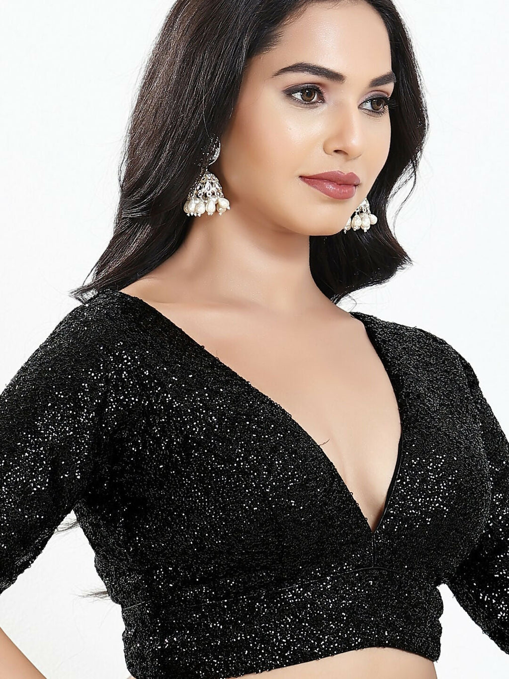Joban Fashion Black Silk Padded Blouse With V Neck Elbow Sleeves - Distacart