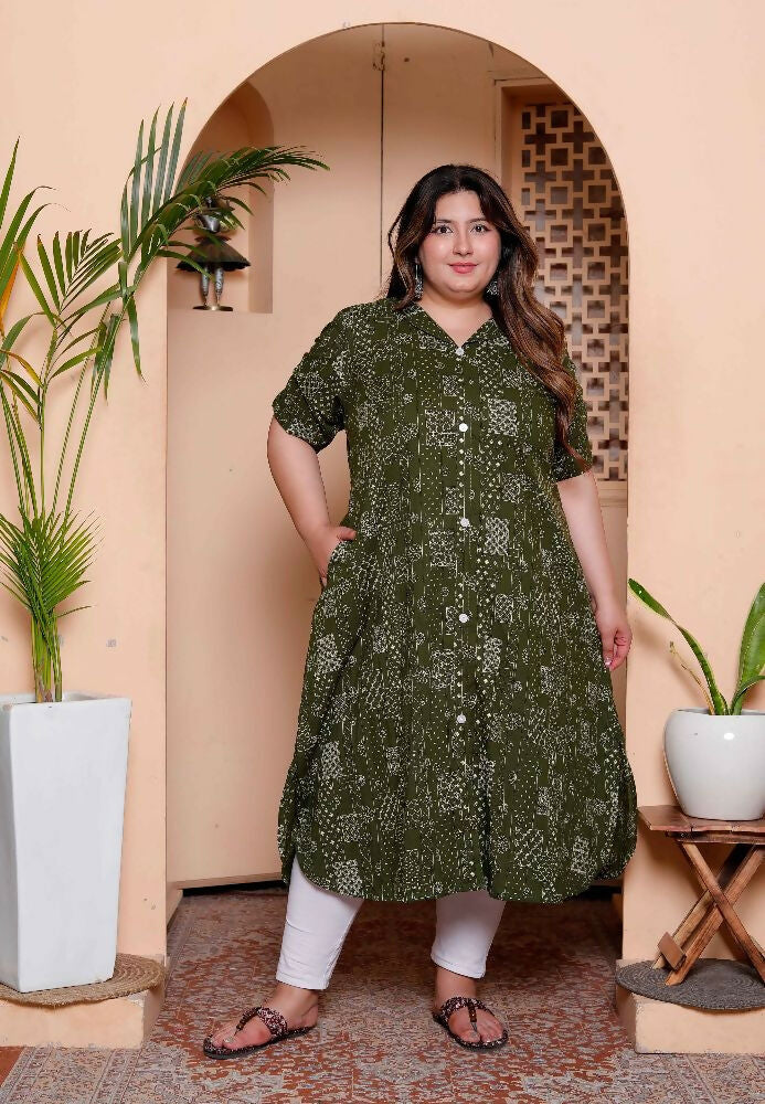 Miravan Womens Plus Size Pure Cotton Floral Printed Green Button Down A-Line Midi Dress - Distacart