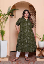 Miravan Womens Plus Size Pure Cotton Floral Printed Green Button Down A-Line Midi Dress - Distacart
