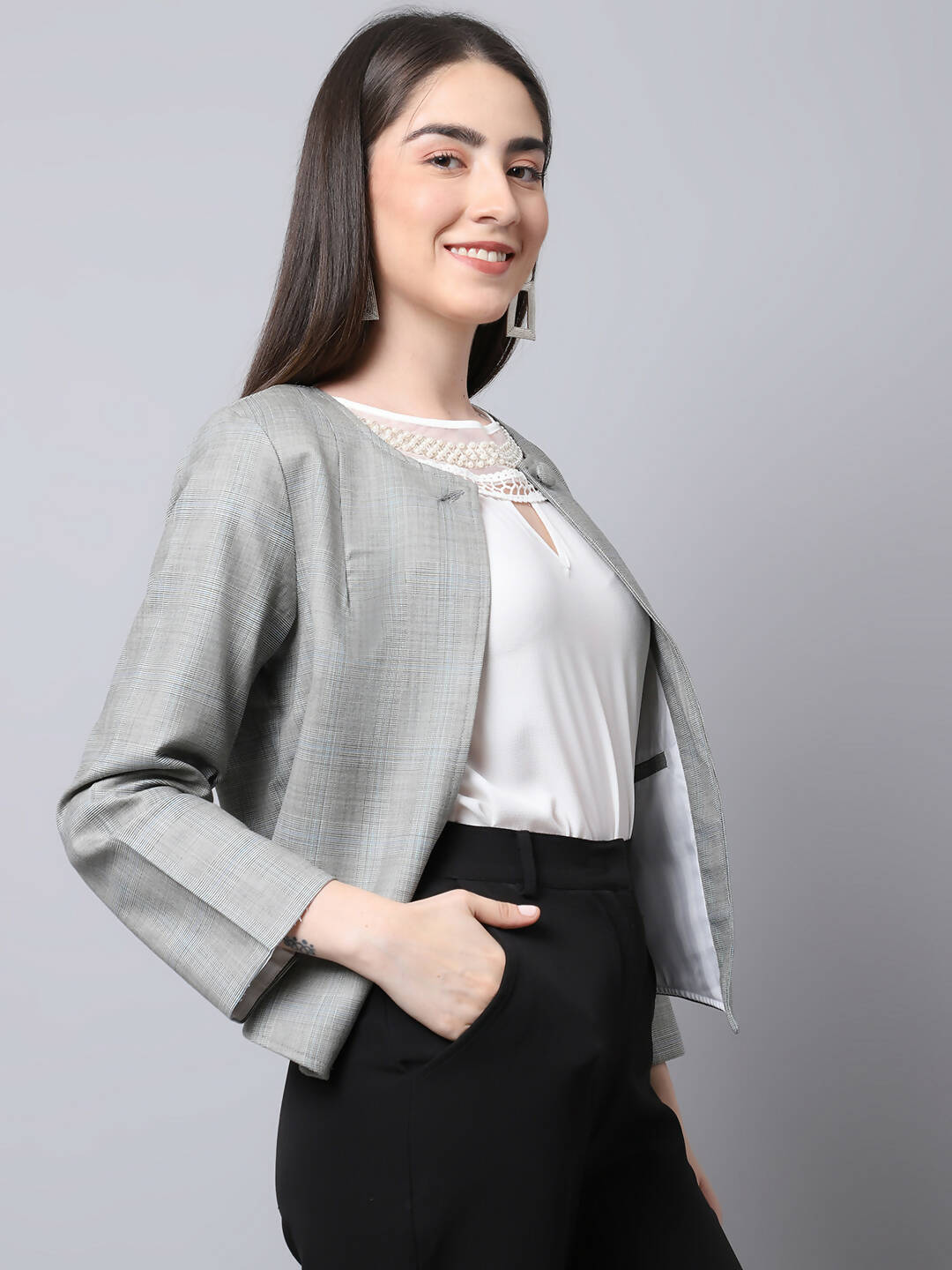 Even Apparels Grey Polywool Open Front Statement Women's Jacket (BF662)