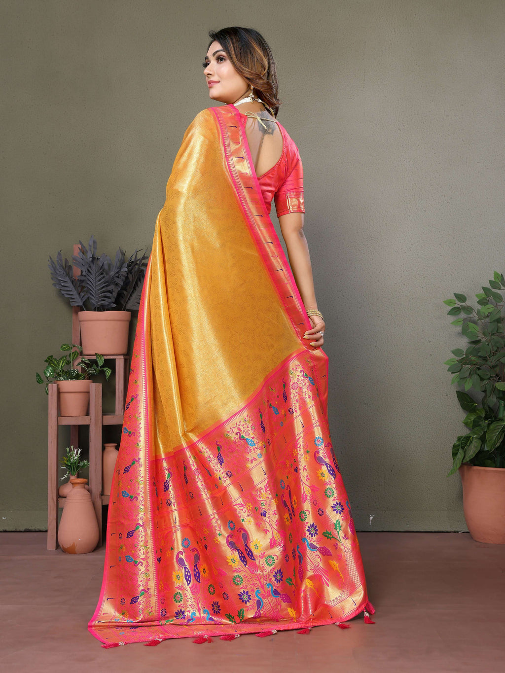 Aastha Fashion Yellow Tissue Silk Paithani Woven Saree - Distacart