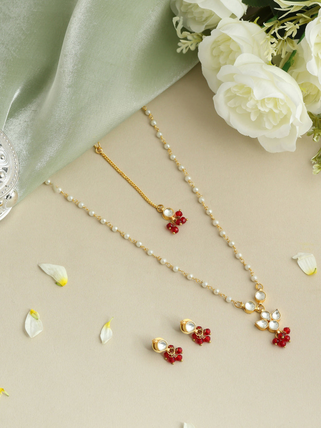Ruby Raang Maang Tikka With Necklace And Earrings Set - Distacart