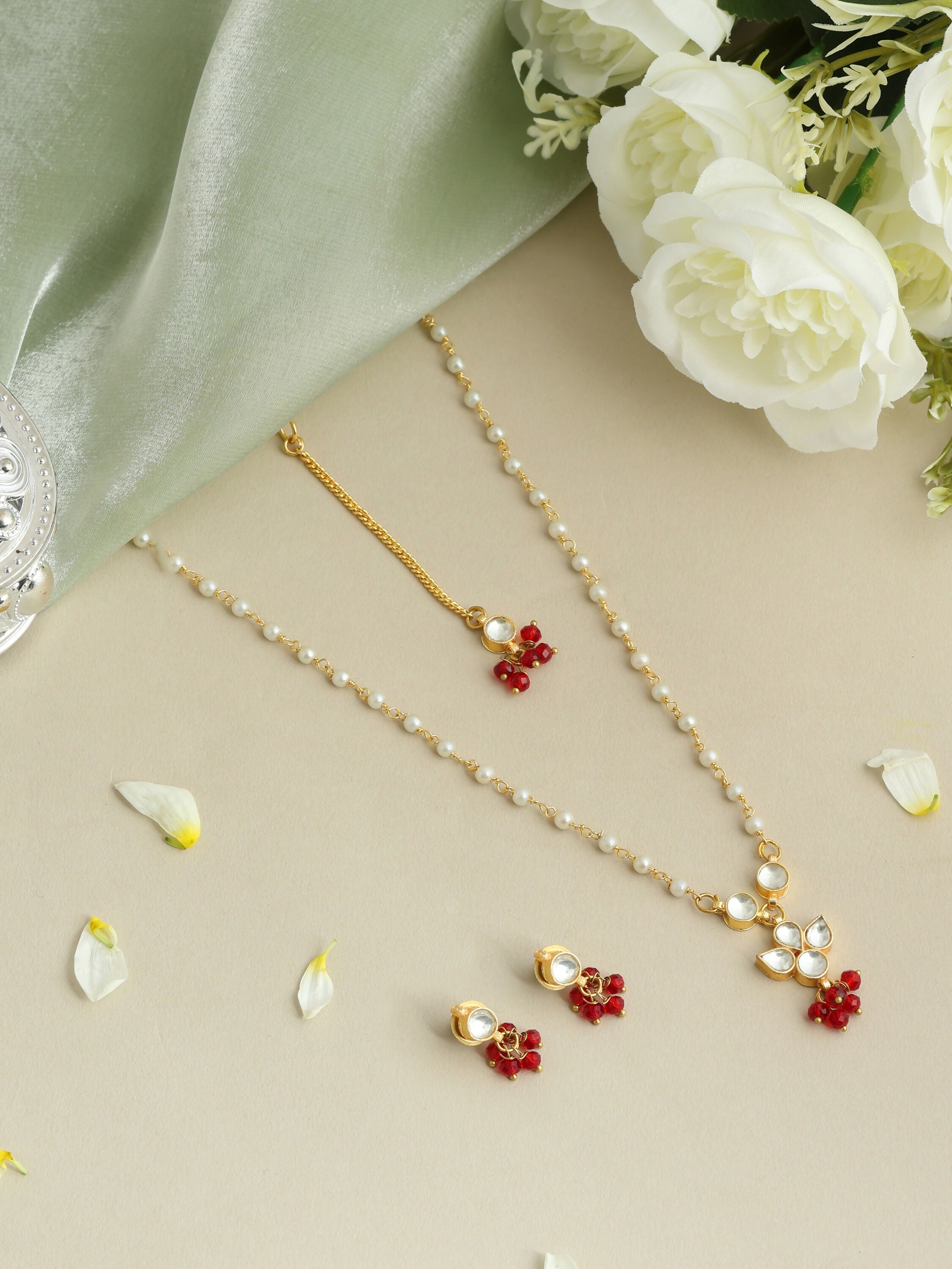 Ruby Raang Maang Tikka With Necklace And Earrings Set - Distacart