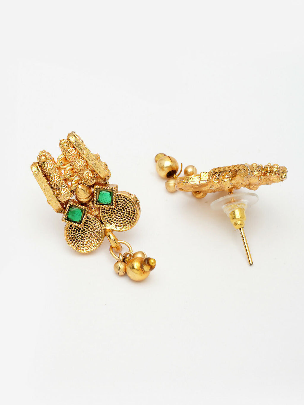 NVR Women's Gold-Polished Green Stone Studded Handcrafted Temple Jewellery Set
